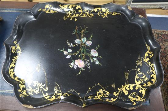 A Victorian large inlaid papier mache tray (a.f.) and a warming pan with turned wood handle (2)